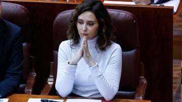 La presidenta de la comunidad de Madrid, Isabel D&iacute;az Ayuso, en la sesi&oacute;n de control celebrada en el pleno de la Asamblea de Madrid este jueves. 