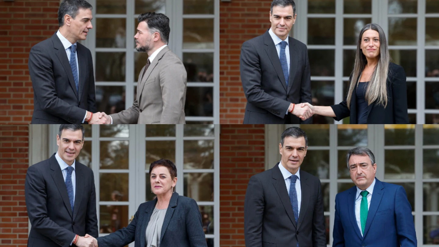 El presidente del Gobierno, Pedro Sánchez, recibe en Moncloa a ERC, Junts, EH Bildu y PNV. El presidente del Gobierno, Pedro Sánchez, recibe en Moncloa a ERC, Junts, EH Bildu y PNV.