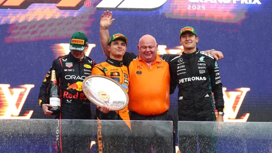 Max Verstappen, Lando Norris y George Russell Max Verstappen, Lando Norris y George Russell