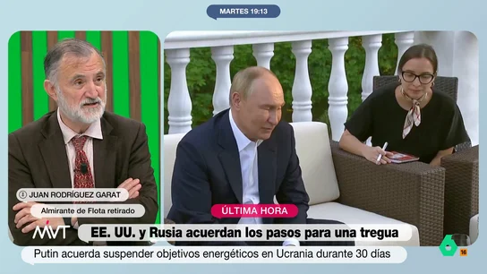 El almirante Rodríguez Garat, sobre Putin: "Ha intentado matar de frío a los ucranianos, sin éxito, tres inviernos seguidos" El almirante retirado Juan Rodríguez Garat analiza en este vídeo el acuerdo entre Putin y Trump de un alto el fuego para infraestructuras energéticas en Ucrania, algo que, según él, "no supone nada".