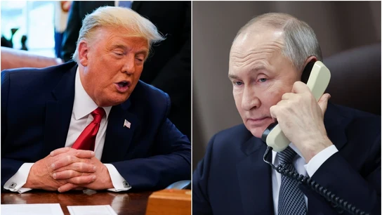 Imágenes de archivo de Donald Trump y Vladimir Putin hablando por teléfono Imágenes de archivo de Donald Trump y Vladimir Putin hablando por teléfono