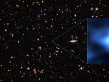 Imagen tomada por el telescopio ALMA donde se destaca el punto que representa la galaxia JADES-GS-z14-0. Imagen tomada por el telescopio ALMA donde se destaca el punto que representa la galaxia JADES-GS-z14-0.