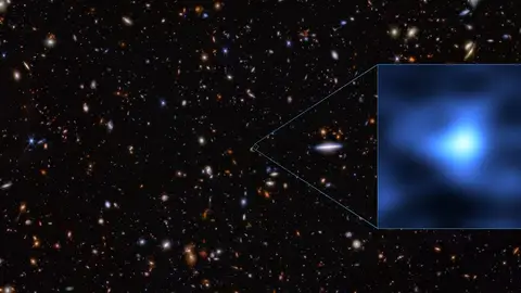 Imagen tomada por el telescopio ALMA donde se destaca el punto que representa la galaxia JADES-GS-z14-0. Imagen tomada por el telescopio ALMA donde se destaca el punto que representa la galaxia JADES-GS-z14-0.