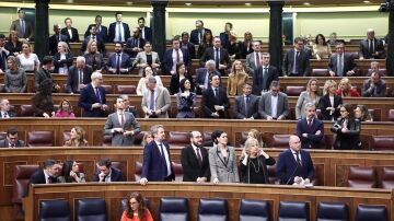 La bancada del PP en el Congreso, y la ministra de Sanidad, M&oacute;nica Garc&iacute;a, en el Hemiciclo, este jueves.