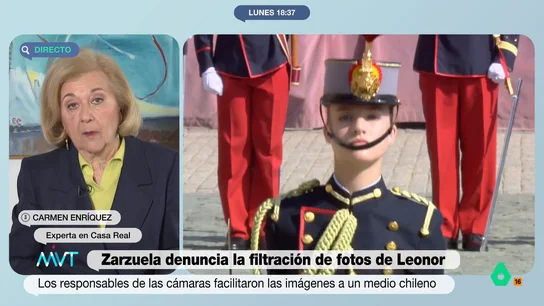 "No todo vale": Carmen Enríquez opina sobre la filtración de imágenes de la princesa Leonor en un centro comercial Carmen Enríquez, periodista experta en la monarquía, analiza en este vídeo la decisión de la Casa Real de denunciar la filtración de imágenes de las cámaras de seguridad de un centro comercial de Chile sobre la princesa Leonor.