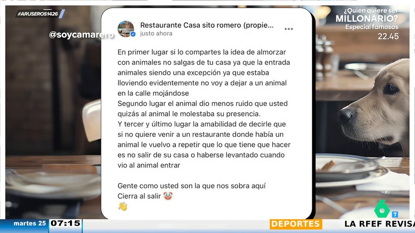 La contundente respuesta de un restaurante cuando un cliente se queja de que permita la entrada a un perro porque está lloviendo La contundente respuesta de un restaurante cuando un cliente se queja de que permita la entrada a un perro porque está lloviendo