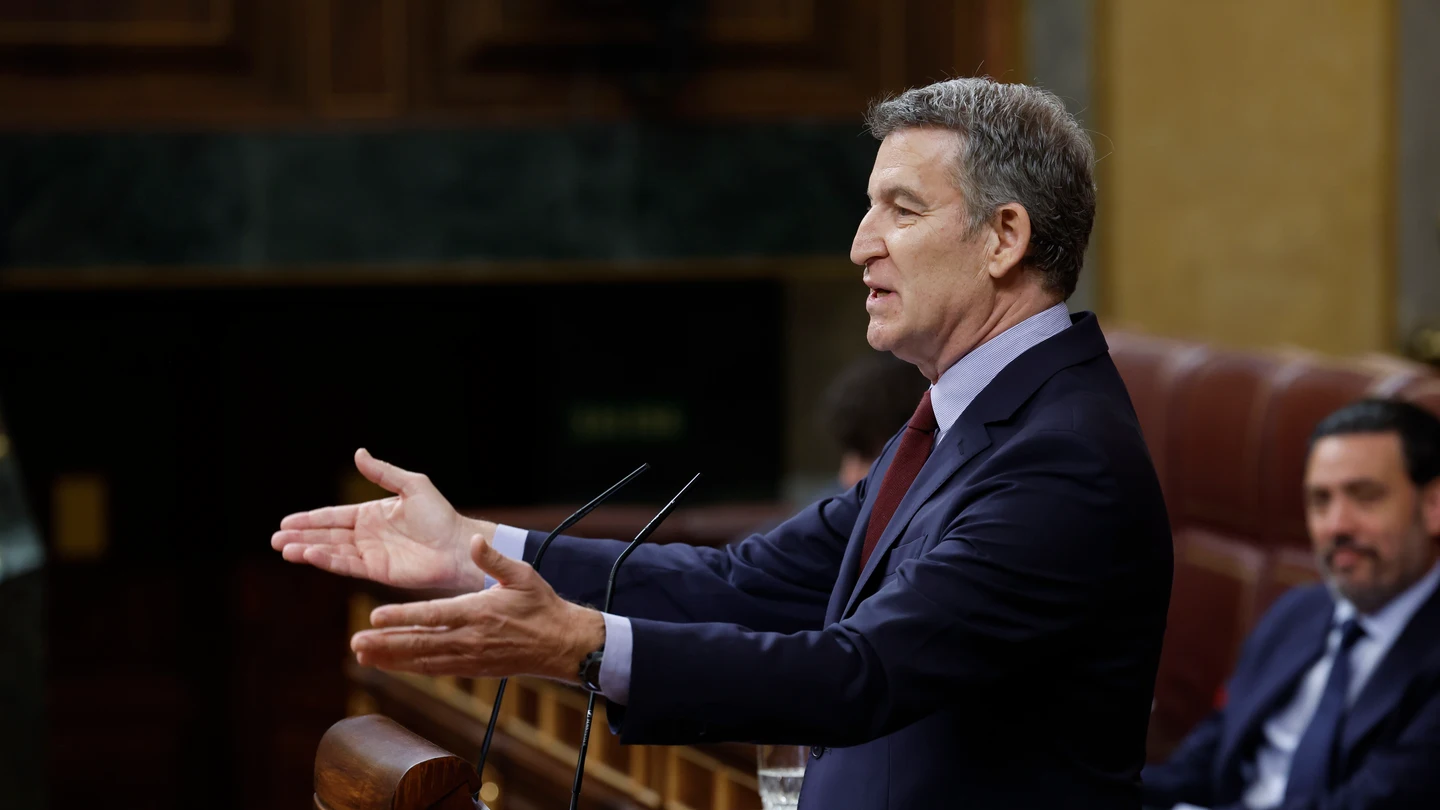 El líder del PP, Alberto Núñez Feijóo, durante su intervención este miércoles en el pleno del Congreso El líder del PP, Alberto Núñez Feijóo, durante su intervención este miércoles en el pleno del Congreso