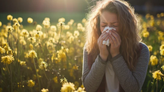 Una mujer con alergia al polen estornudando en primavera Alergia al polen