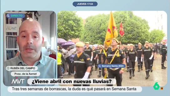 El portavoz de AEMET, sobre el tiempo que hará en Semana Santa: "No somos capaces de saber qué va a pasar" Rubén del Campo adelanta que la próxima semana empezará con tiempo tranquilo pero, a partir del miércoles, es probable que llueva en gran parte de la península.