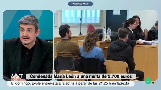 Alfonso Pérez Medina, sobre la condena a María León: "Podría haber posibilidad de dos recursos distintos"  La actriz tendrá que pagar una multa de 5.700 euros. Como explica el periodista, "tendrá que pagar 4.800 euros de multa por el delito de resistencia a la autoridad y 900 euros por el delito de lesiones"