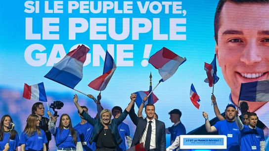 Jordan Bardella, en un mitin de Agrupación Nacional (RN, por sus siglas en francés) previo a las elecciones europeas Jordan Bardella, en un mitin de Agrupación Nacional (RN, por sus siglas en francés) previo a las elecciones europeas