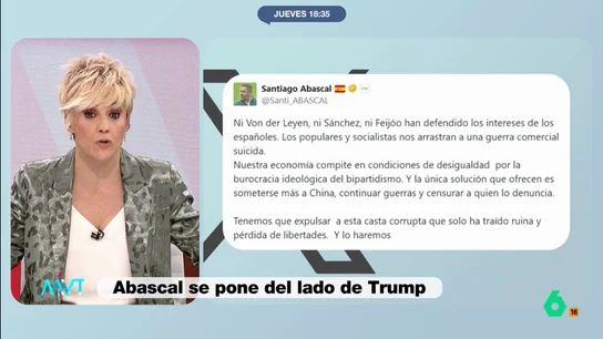 Cristina Pardo, indignada con la respuesta de Abascal a los aranceles de Trump: "No tiene ni una mala palabra, es una vergüenza" La presentadora de Más Vale Tarde no entiende la defensa que el líder de Vox hace de la política arancelaria del presidente de EEUU. "Se las da tanto de patriota... es una vergüenza", afirma.