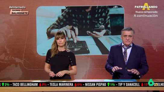 La canción de Wyoming para las empresas que no tributan todos sus beneficios : "Vuelve, a casa vuelve a tributar" Sandra Sabatés expone que el año anterior las empresas españolas alcanzaron unos ingresos netos de 340.000 millones de euros pero solo 180.000 millones quedaron sujetos al impuesto de sociedades.