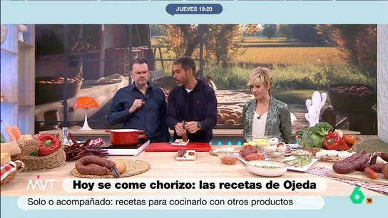 Pablo Ojeda desvela cuánto chorizo deberíamos comer a la semana: "Hemos gastado esta tarde lo de dos semanas o tres" El nutricionista sorprende a los presentadores de Más Vale Tarde utilizando chorizo en sus dos propuestas. Ojeda explica a Iñaki y Cristina cómo pueden elegir el chorizo de más calidad.