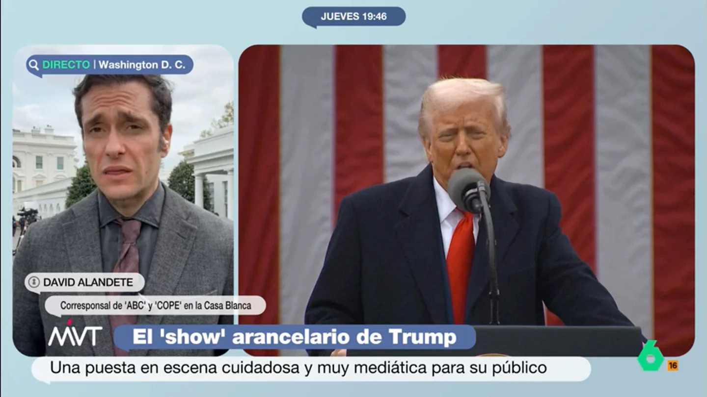 David Alandete explica la lista de aranceles de Trump: "No se necesitaba un doctorado para hacerla" El periodista pudo asistir al acto en el que el presidente estadounidense anunció su plan arancelario. El corresponsal cuenta que "está siendo una jornada mucho peor de lo esperado en cuanto a pérdidas en los mercados".
