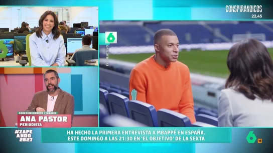 Ana Pastor desvela detalles de su entrevista a Kylian Mbappé: "Ha conseguido que yo parezca la persona más simpática del mundo" Ana Pastor avanza en Zapeando detalles de su entrevista con Kylian Mbappé que emitirá laSexta este domingo. En este vídeo, desvela cómo es el futbolista del Real Madrid en las distancias cortas y algunos temas de los que han hablado.