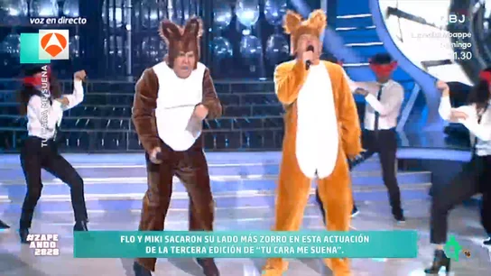 Zapeando recuerda la actuación de Miki Nadal y Florentino Fernández en 'Tu cara me suena' El cómico fue uno de los concursantes de la tercera edición del programa y no dudó en pedir a su amigo Miki Nadal que le acompañara en una de las actuaciones para interpretar 'The Fox (What Does the Fox Say?)'.