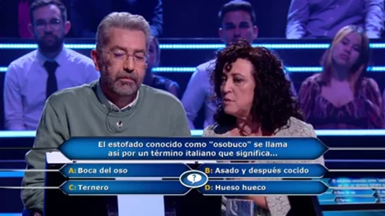 El osobuco se le atraganta a Juanma y gasta dos comodines en la cuarta pregunta: "Qué mal lo he pasado" El osobuco se le atraganta a Juanma y gasta dos comodines en la cuarta pregunta: "Qué mal lo he pasado"