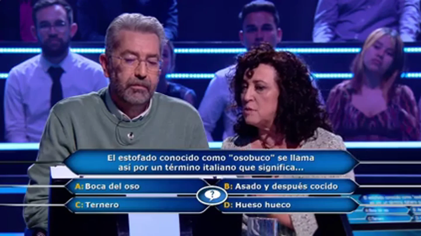 El osobuco se le atraganta a Juanma y gasta dos comodines en la cuarta pregunta: "Qué mal lo he pasado" El osobuco se le atraganta a Juanma y gasta dos comodines en la cuarta pregunta: "Qué mal lo he pasado"