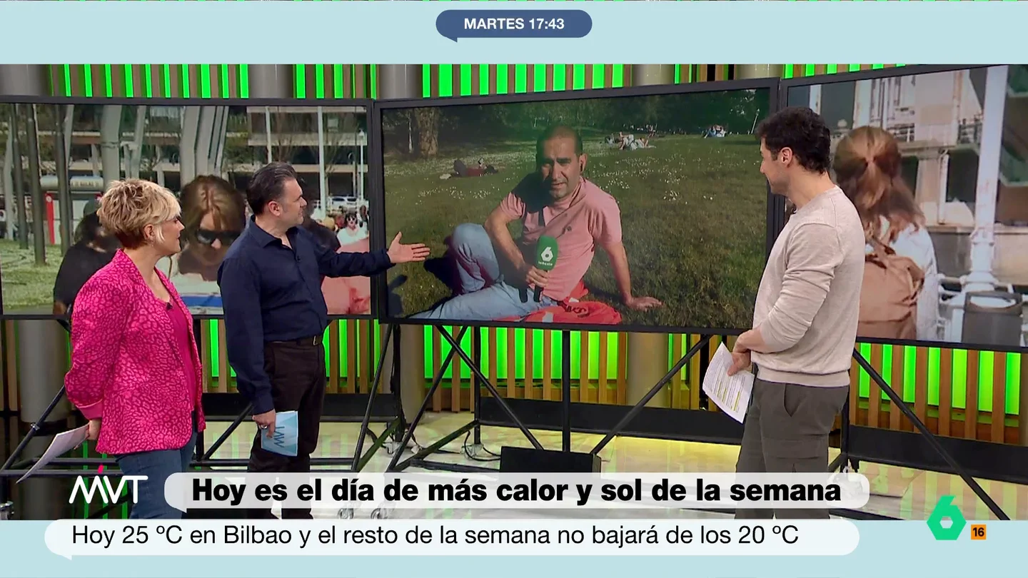 El piropo de Iñaki López a Miguel Ángel Ambrosio: "Mira, qué bonita foto para tu próximo disco de baladas" El reportero conecta desde Bilbao y no duda en presumir del buen tiempo que están disfrutando en el norte de España. A pesar de ello, y como adelanta, el fin de semana la llegada de la borrasca Olivier dejara lluvias.