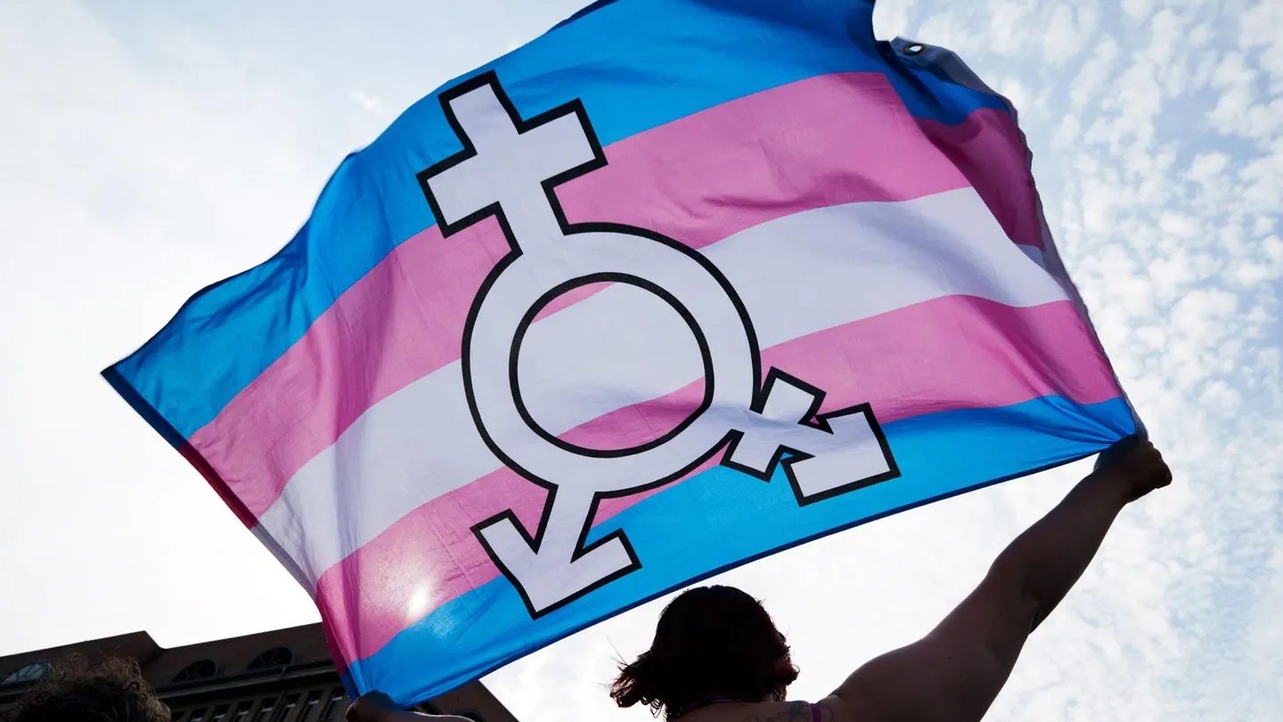 Fotografía de archivo en donde se ve una bandera trans. Fotografía de archivo en donde se ve una bandera trans.