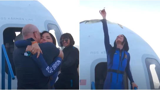 Katy Perry y la mujer de Bezos, tras completar la misión del Blue Origin en el espacio Katy Perry y la mujer de Bezos, tras completar la misión del Blue Origin en el espacio