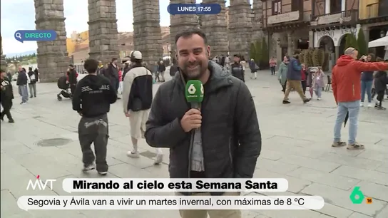Bastida 'amenaza' con quedarse en manga corta en Segovia: "A ver si vas a coger las vacaciones y vas a coger una pulmonía..." El reportero ha visitado la ciudad castellanoleonesa para adelanta qué tiempo hará durante los próximos días. Como ha explicado, en la ciudad las temperaturas han descendido de manera notable y, además, lloverá hasta la próxima semana.