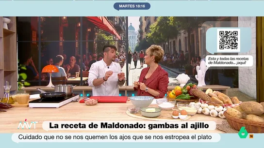 El reproche de Carlos Maldonado a Cristina Pardo: "No vengas tan fit que estamos en epoca de torrijas" Maldonado ha preparado una versión muy original de las gambas al ajillo. En su receta, el cocinero ha utilizado mantequilla, un ingrediente que no es muy del gusto de la presentadora de Más Vale Tarde.
