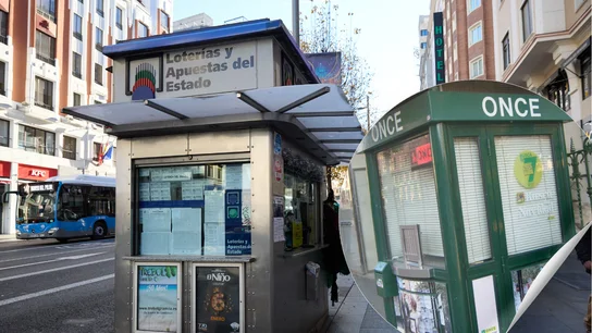 Un kiosko de Loterías y Apuestas del Estado en Madrid, junto a la imagen de un kiosko de la ONCE Un kiosko de Loterías y Apuestas del Estado en Madrid, junto a la imagen de un kiosko de la ONCE