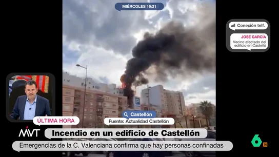Habla un vecino del edificio incendiado en Castellón: "En este momento está todo colapsado; el incendio es potente" Más Vale Tarde habla con José García, un vecino de Castellón cuya madre vive en el edificio incendiado en el barrio de Grapa, que en este vídeo explica de primera mano la última hora del aparatoso fuego.