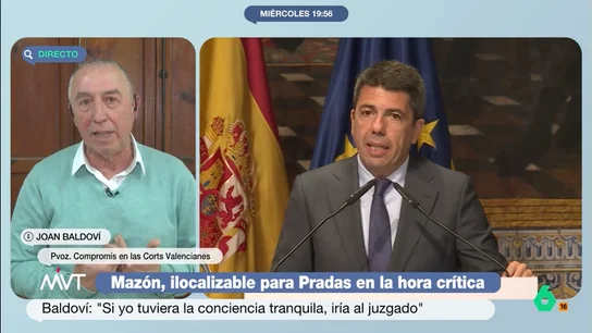 Joan Baldoví anima a Carlos Mazón a contar toda la verdad en el juzgado: "Si tuviera la conciencia tranquila, iría" Joan Baldoví critica duramente en este vídeo a Carlos Mazón tras el borrado de las imágenes del Palau el día de la DANA, que considera "un caso grave de intentar borrar todas las pruebas" y culpa a Vox de "darle oxígeno".