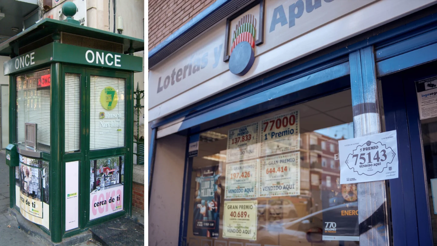 A la izquierda, un kiosko de la ONCE y a la derecha, una administración de Loterías y Apuestas del Estado A la izquierda, un kiosko de la ONCE y a la derecha, una administración de Loterías y Apuestas del Estado