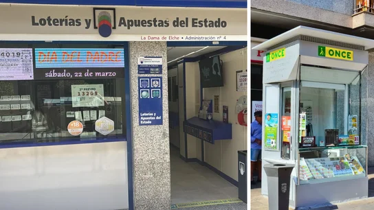 A la izquierda, una administración de Loterías; a la derecha, un kiosko de la ONCE en Torrejón de Ardoz (Madrid) A la izquierda, una administración de Loterías; a la derecha, un kiosko de la ONCE en Torrejón de Ardoz (Madrid)
