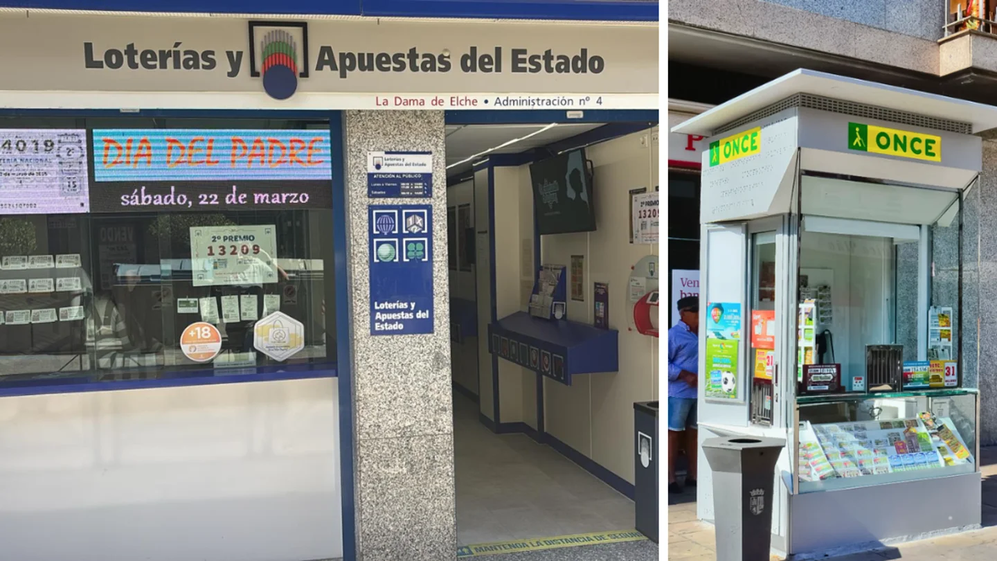 A la izquierda, una administración de Loterías; a la derecha, un kiosko de la ONCE en Torrejón de Ardoz (Madrid) A la izquierda, una administración de Loterías; a la derecha, un kiosko de la ONCE en Torrejón de Ardoz (Madrid)