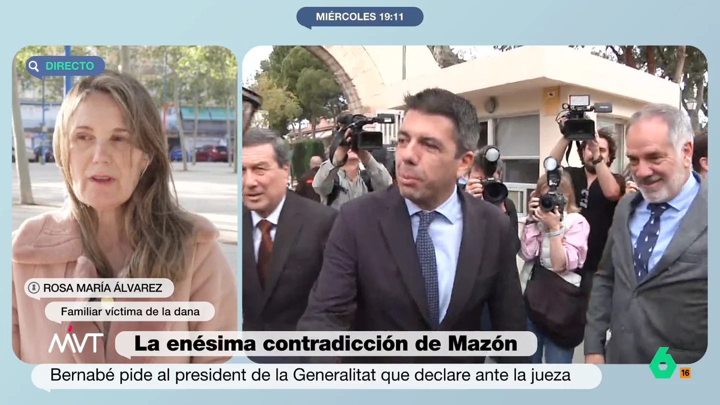Rosa María, familiar de una víctima de la DANA, sobre Mazón y Pradas: "Si en 10 minutos solventaron la catástrofe, así salió: 228 muertos" "Una que se ha declarado en sede judicial incompetente y el otro que ha estado ausente prácticamente todo el día, pues eso, 228 muertos de balance", afirma rotunda Rosa María Álvarez, cuyo padre falleció en Catarroja durante la DANA.