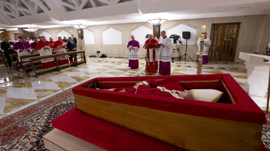El cuerpo del papa Francisco yace en su ataúd, situado en la residencia de Santa Marta, en el Vaticano. El cuerpo del papa Francisco yace en su ataúd, situado en la residencia de Santa Marta, en el Vaticano.