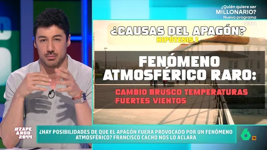 ¿Una oscilación atmosférica o una tormenta solar?: Francisco Cacho repasa las hipótesis del apagón Tras la caída de la corriente eléctrica que ha sufrido nuestro país, se han planteado numerosas hipótesis entorno a las causas del apagón. El meteorólogo de laSexta expone dos de estas hipótesis.