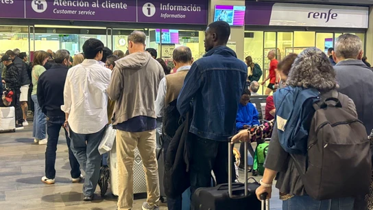 Pasajeros hacen cola en la estación de Santa Justa en Sevilla esta mañana, esperando poder coger un tren para llegar a sus destinos. Pasajeros hacen cola en la estación de Santa Justa en Sevilla esta mañana, esperando poder coger un tren para llegar a sus destinos.