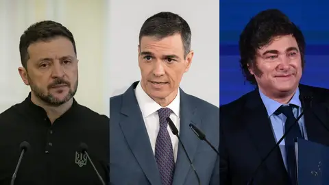 Fotomontaje con Zelenski, Pedro Sánchez y Javier Milei. Fotomontaje con Zelenski, Pedro Sánchez y Javier Milei.