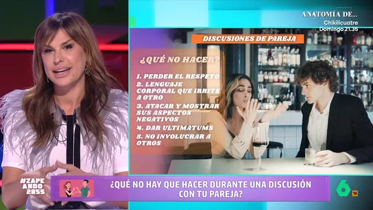 Ni ultimátums ni involucrar a terceras personas: Raquel Perera desvela qué cinco cosas no hay que hacer en una discusión de pareja Raquel Perera habla hoy en Zapeando de discusiones de pareja y comparte algunos consejos para evitar que una pelea termine afectando a la relación. En este vídeo, explica qué es exactamente lo que no tenemos que hacer.