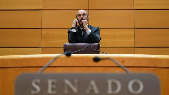 El presidente del senado, Pedro Rollán, durante la sesión de control al Gobierno celebrada este martes en el pleno del Senado. El presidente del senado, Pedro Rollán, durante la sesión de control al Gobierno celebrada este martes en el pleno del Senado.