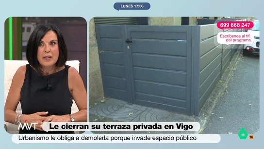 Bea de Vicente, sobre la señora que se hizo una terraza en la acera: "Salvo que demuestre que es desde Alfonso X el Sabio..." La mujer afirma que ese espacio es de su propiedad. La abogada explica que está infringiendo "la ley del suelo y, luego, todo el régimen urbanístico". La administración ha dado un año a la señora para demoler la construcción.