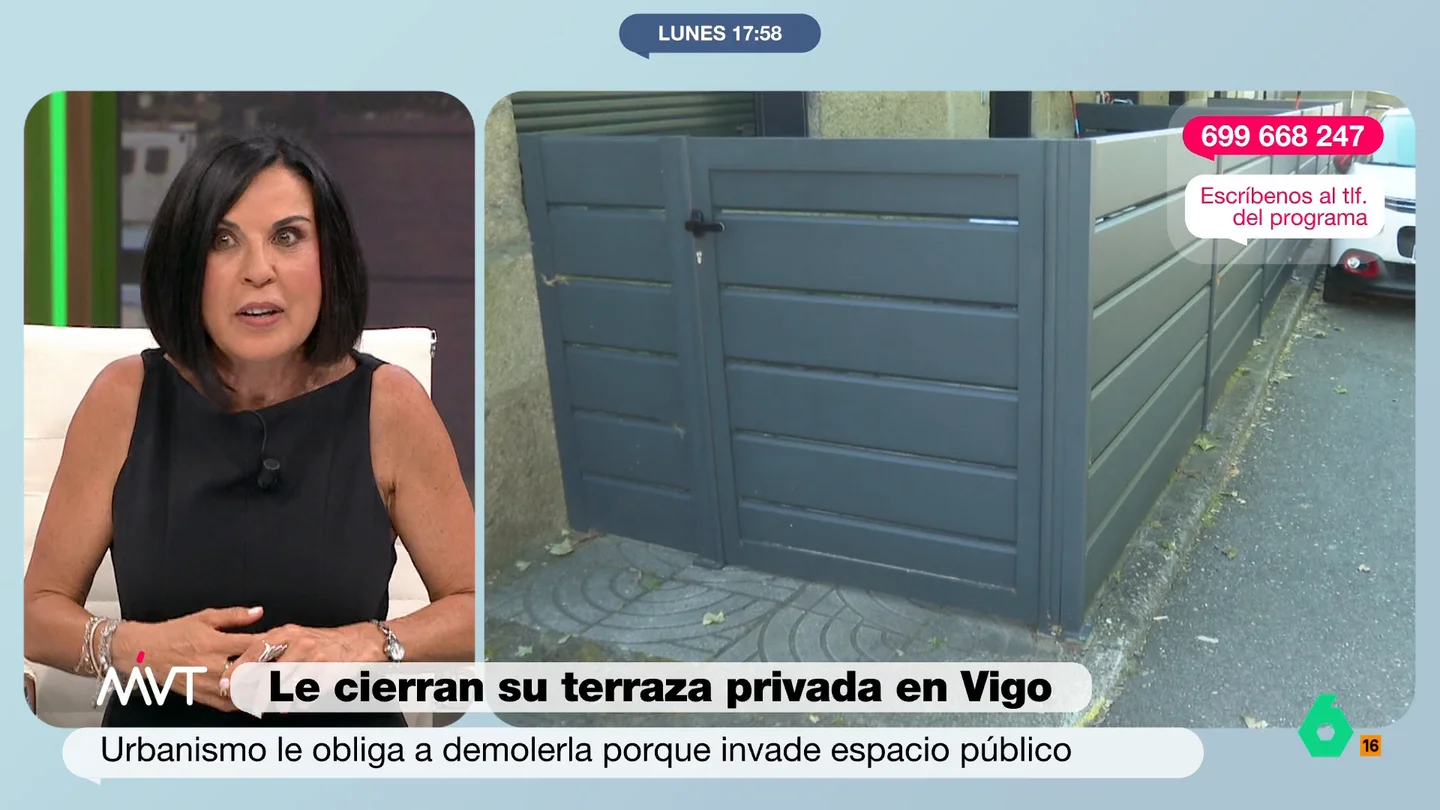 Bea de Vicente, sobre la señora que se hizo una terraza en la acera: "Salvo que demuestre que es desde Alfonso X el Sabio..." La mujer afirma que ese espacio es de su propiedad. La abogada explica que está infringiendo "la ley del suelo y, luego, todo el régimen urbanístico". La administración ha dado un año a la señora para demoler la construcción.