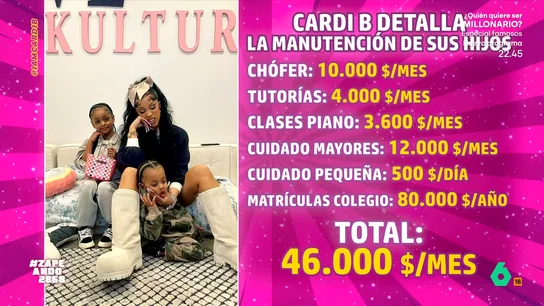 Cardi B hace público lo que le cuesta mantener a sus hijos: "Si el ex quiere una paguita, yo de él me metía a chófer" Zapeando analiza en este vídeo las cifras publicadas por Cardi B en las que detalla lo que le cuesta la manutención de sus hijos. Entre otras cosas, 10.000 dólares para el chófer particular o 3.600 en clases de piano.