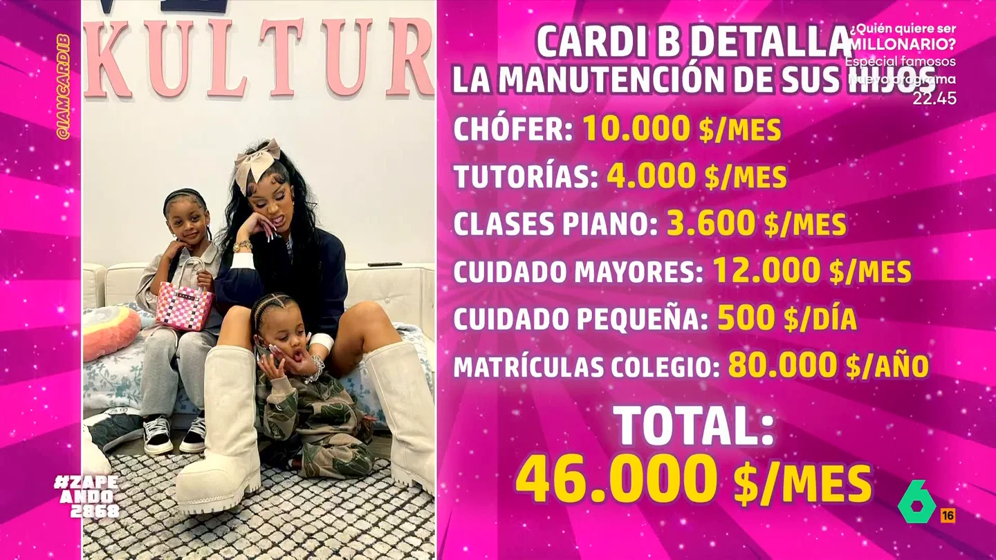 Cardi B hace público lo que le cuesta mantener a sus hijos: "Si el ex quiere una paguita, yo de él me metía a chófer" Zapeando analiza en este vídeo las cifras publicadas por Cardi B en las que detalla lo que le cuesta la manutención de sus hijos. Entre otras cosas, 10.000 dólares para el chófer particular o 3.600 en clases de piano.