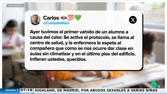 Un profesor denuncia en redes la situación en los colegios a causa del calor: "Ayer tuvimos el primer vahído" Un profesor denuncia en redes la situación en los colegios a causa del calor: "Ayer tuvimos el primer vahído"