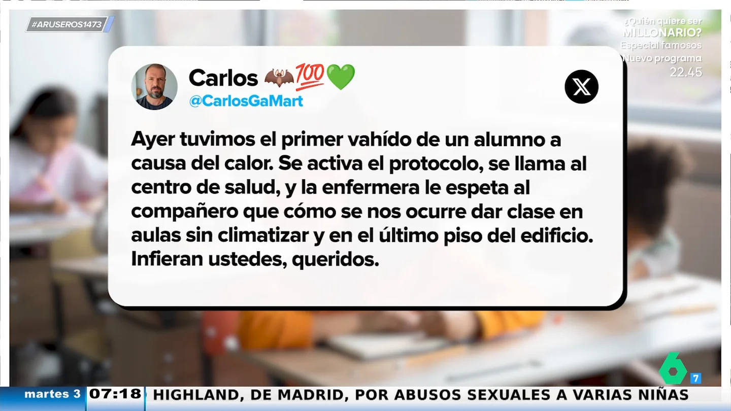 Un profesor denuncia en redes la situación en los colegios a causa del calor: "Ayer tuvimos el primer vahído" Un profesor denuncia en redes la situación en los colegios a causa del calor: "Ayer tuvimos el primer vahído"