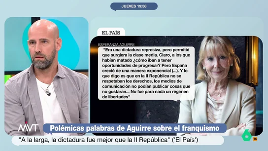 Gonzalo Miró, sobre la defensa de Esperanza Aguirre al franquismo y a Milei: "Me gusta que la gente enseñe la patita" Esperanza Aguirre ha dejado unas polémicas palabras en las que defiende el franquismo, desea "un Milei en España" y dice que las palabras 'sostenible' o 'inclusivo' son "comunistas". La reacción de Gonzalo Miró, en este vídeo.