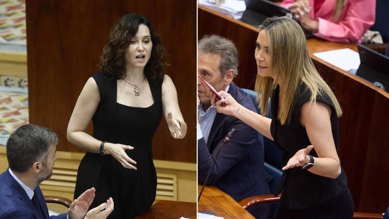Isabel Díaz Ayuso y Mar Espinar (PSOE), en la Asamblea de Madrid este jueves. 