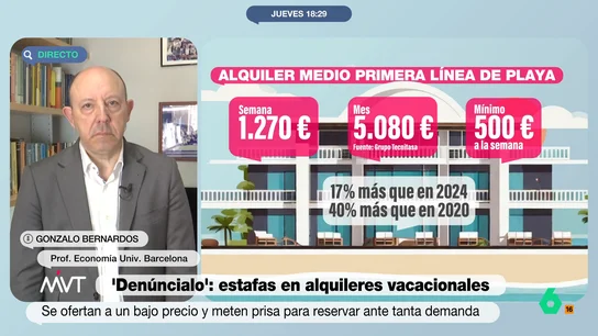 Gonzalo Bernardos, sobre el aumento de precios del alquiler vacacional: "En materia turística España está de moda" Los precios de los alquileres turísticos han aumentado en un 17% con respecto al 2024. ¿Estamos ante una burbuja vacacional? Conoce la opinión del economista en el vídeo principal.